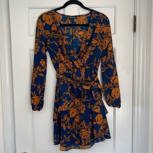 Blue Long Sleeve Dress with Gold Floral design